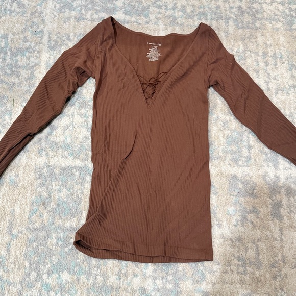 FP Movement by Free People Tops - Intimately Free People Movement Knit Brown Ribbed Lace Front Long Sleeve M / L